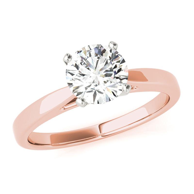 Elora -  solitaire diamond ring four claw.  Centre round brilliant cut diamond. Rose gold band and white gold setting. 