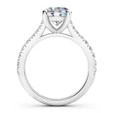 Enya - Side view: diamond engagement ring in an open 4 claw setting with diamonds on the sweep up band. 18ct white gold