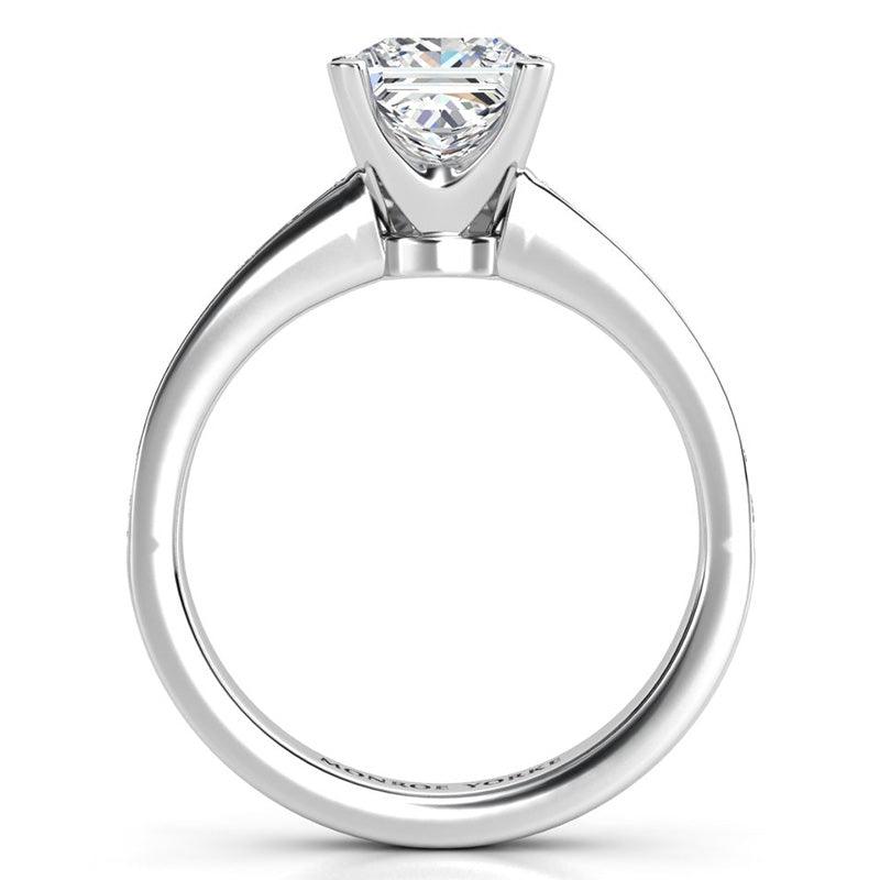 Fifth avenue princess cut diamond engagement ring.  Side view showing the beautiful detail of the setting. 