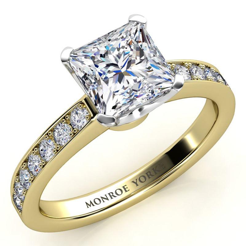 Yellow Gold Princess Cut Diamond Engagement Ring. Diamonds on the  band. 