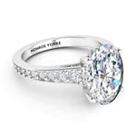 Finley engagement ring in platinum.  Graduated band with diamonds. Centre oval cut diamond. Hidden halo around the side of the diamond around its girdle