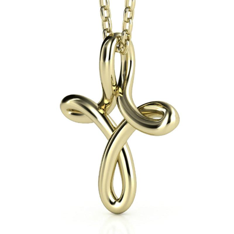 Fluid Wire Cross Pendant in yellow gold,  side view. 