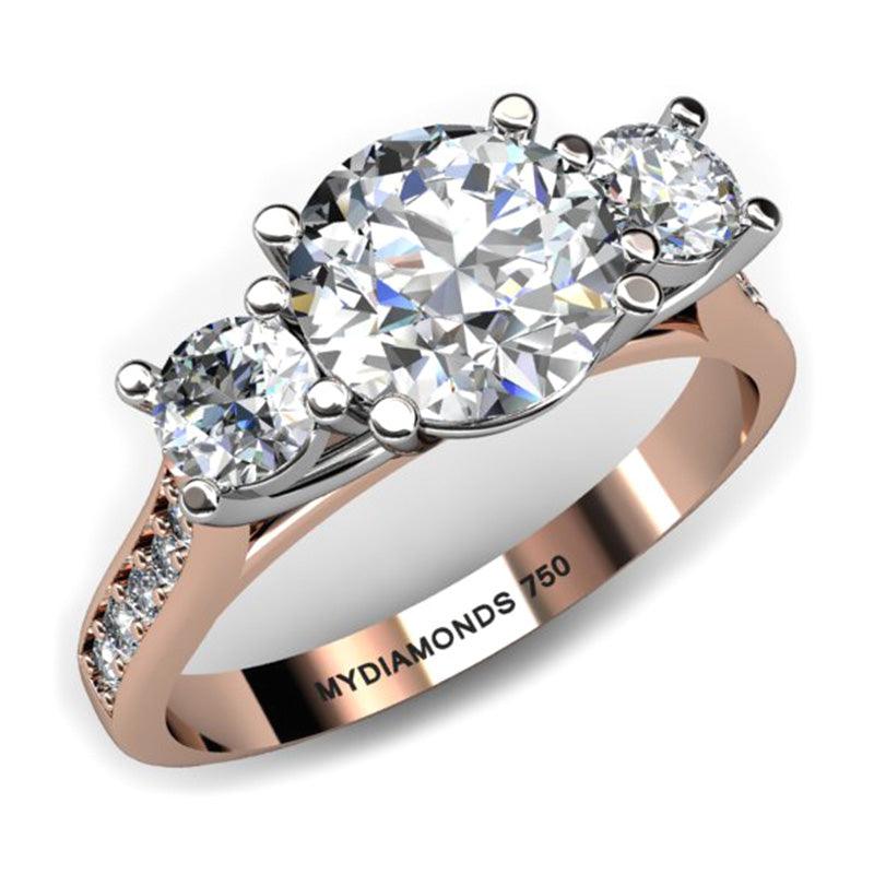 Forever - 18ct Rose Gold Diamond Trilogy, Three Stone Ring.  Rose gold band and white gold centre setting.  Diamonds set on the sweep up band. 
