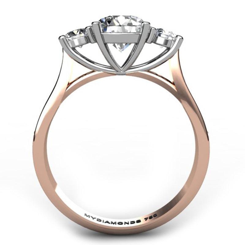 Forever - 18ct Rose Gold Diamond Trilogy, Three Stone Ring.    Side view showing beautiful centre basket setting. Centre setting in white gold.  