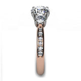 Forever - 18ct Rose Gold Diamond Trilogy, Three Stone Ring.    Side view showing diamonds on the sweep up band. 