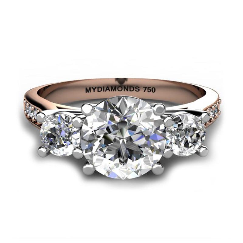Forever - Top view. 18ct Rose Gold Diamond Trilogy, Three Stone Ring.    
