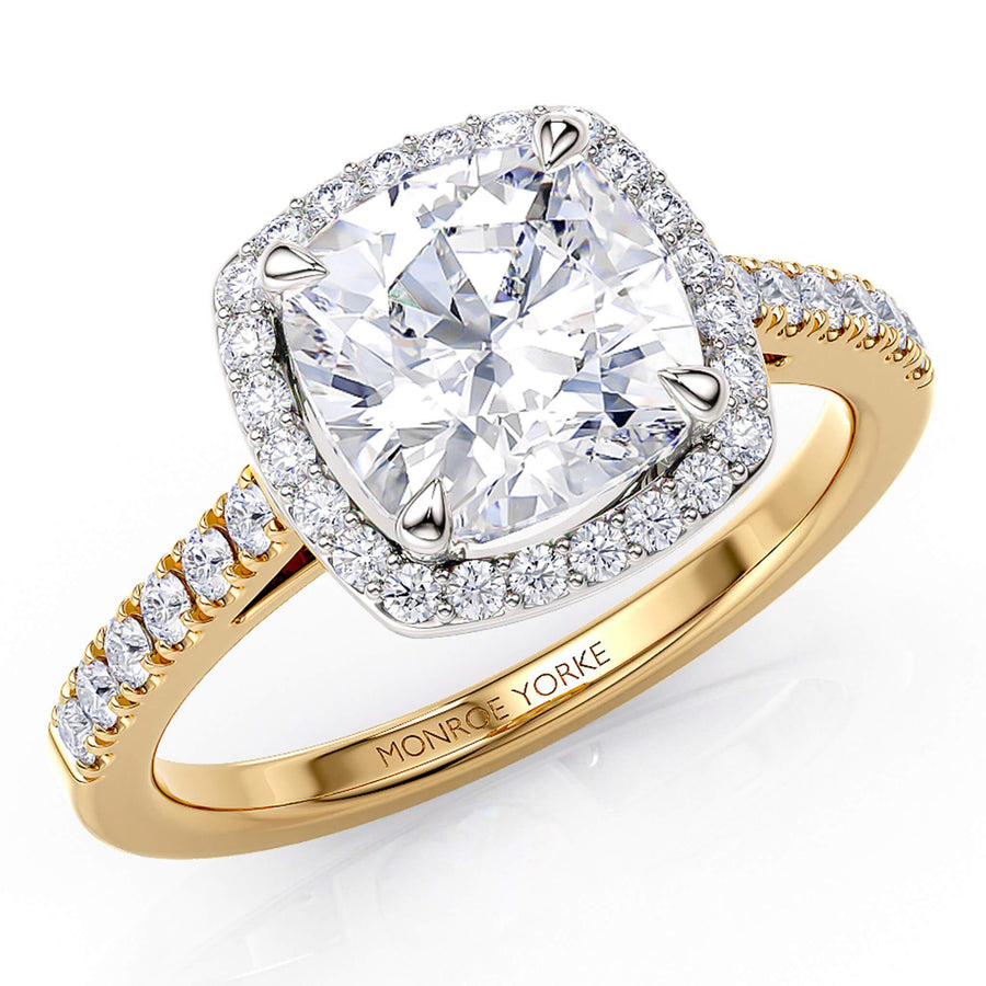 Frankie - Cushion cut diamond halo ring with diamonds on the band. Yellow gold band, white gold centre setting
