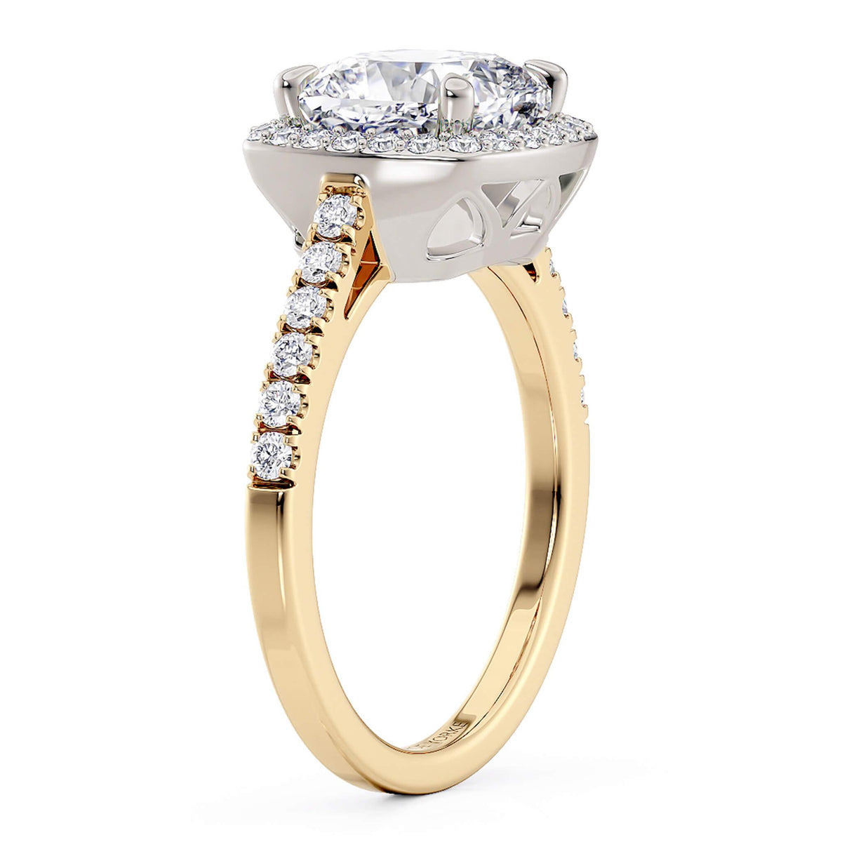 Side view of Frankie showing the beautiful centre setting.  Triangles cut on the side to let light into the centre cushion cut diamond — view 4
