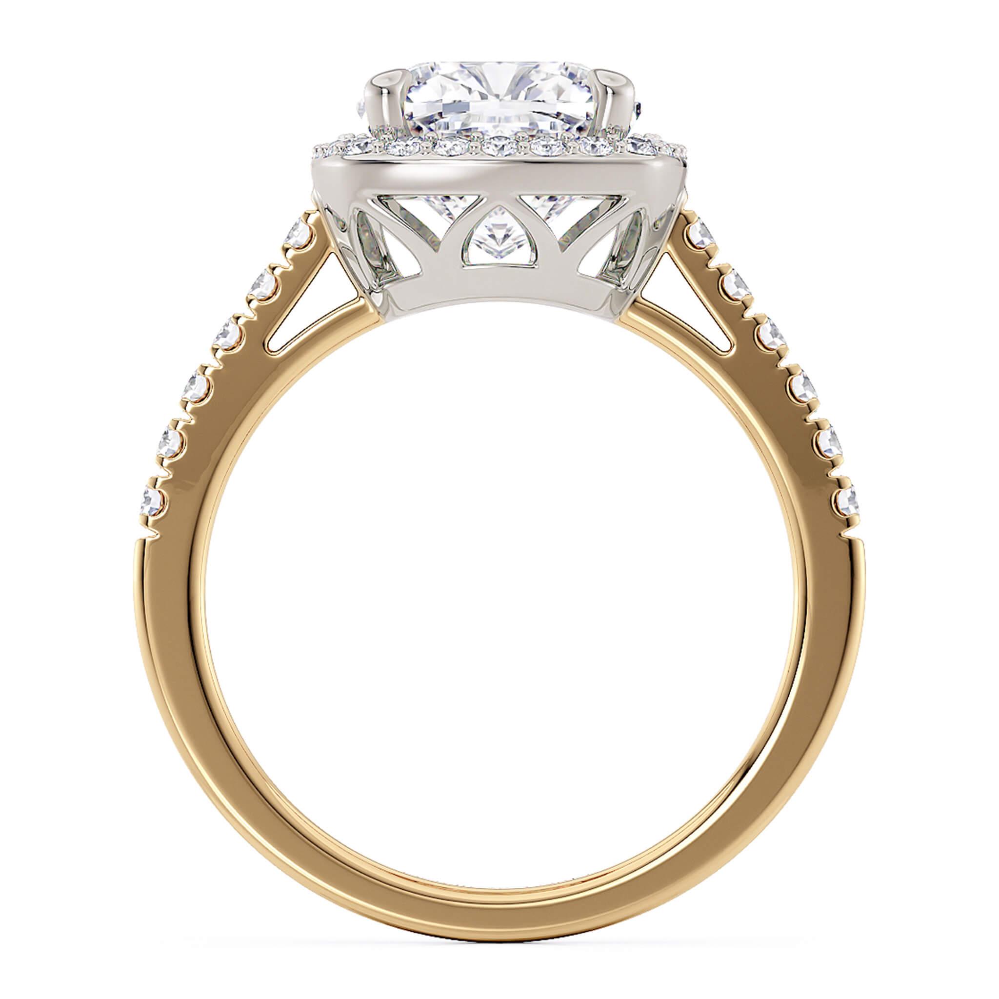 Side view of the Frankie cushion cut diamond halo ring.  Side view showing the beautiful open setting allowing light into centre diamond, allying it to shine bright. 