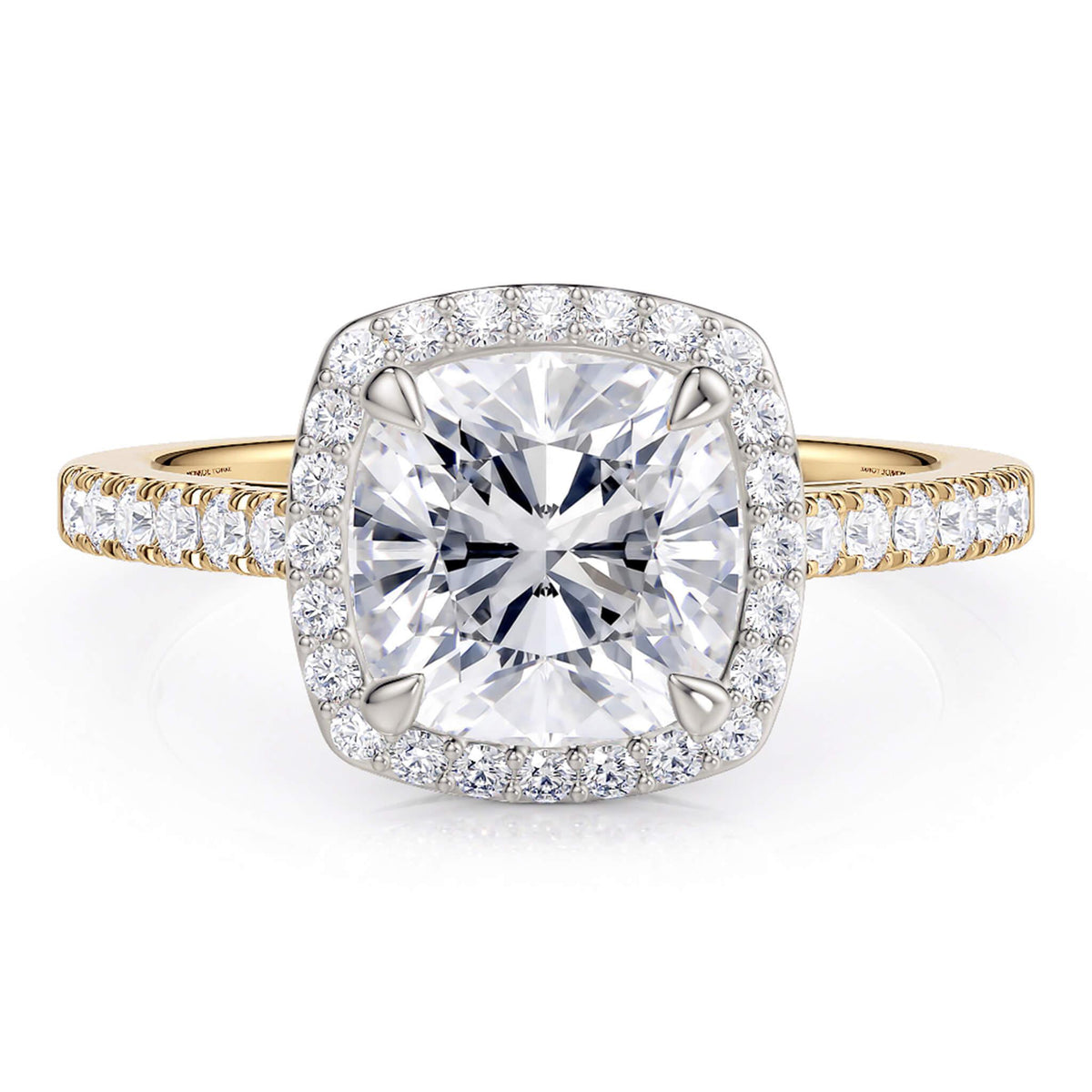 Frankie top view showing the cushion cut diamond in a 4 claw setting and halo set in 18ct white gold, Diamond set band in 18ct yellow gold.  — view 3