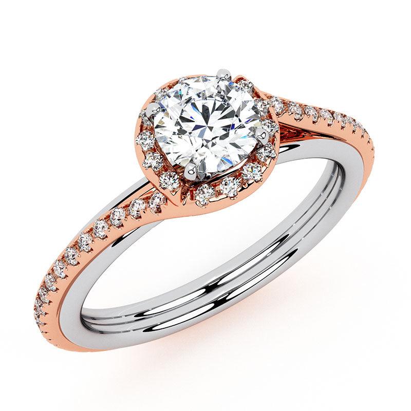 Unique rose gold (two tone) round diamond halo engagement ring. Gale