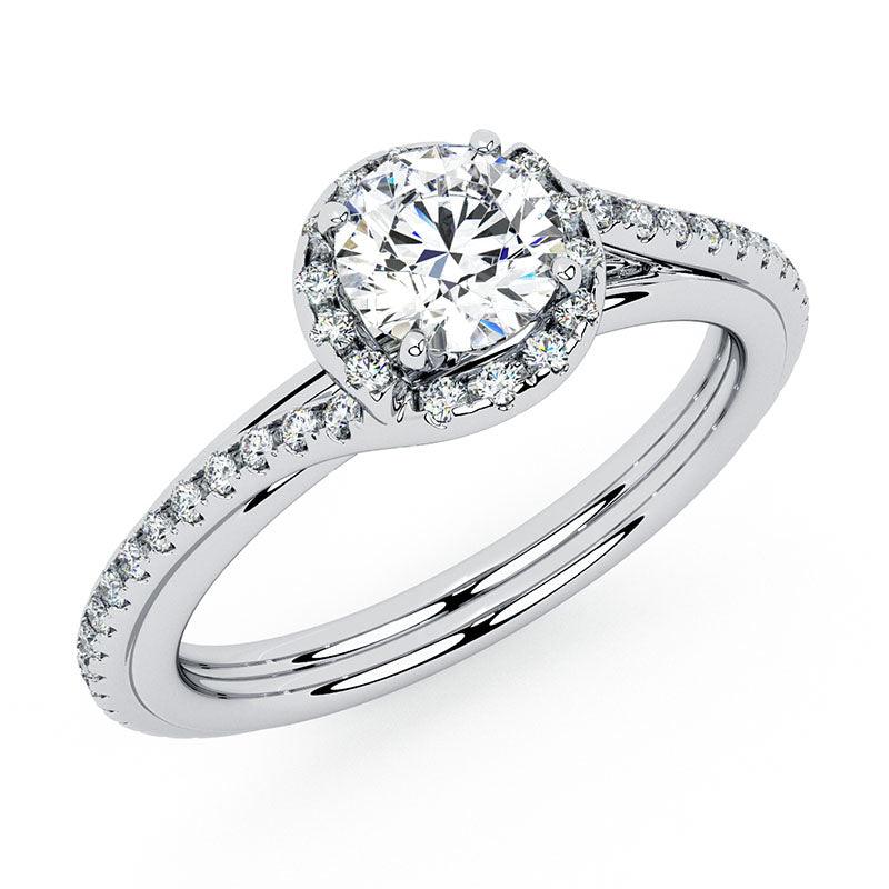 Unique diamond halo engagement ring in all white gold - Gale — view 3