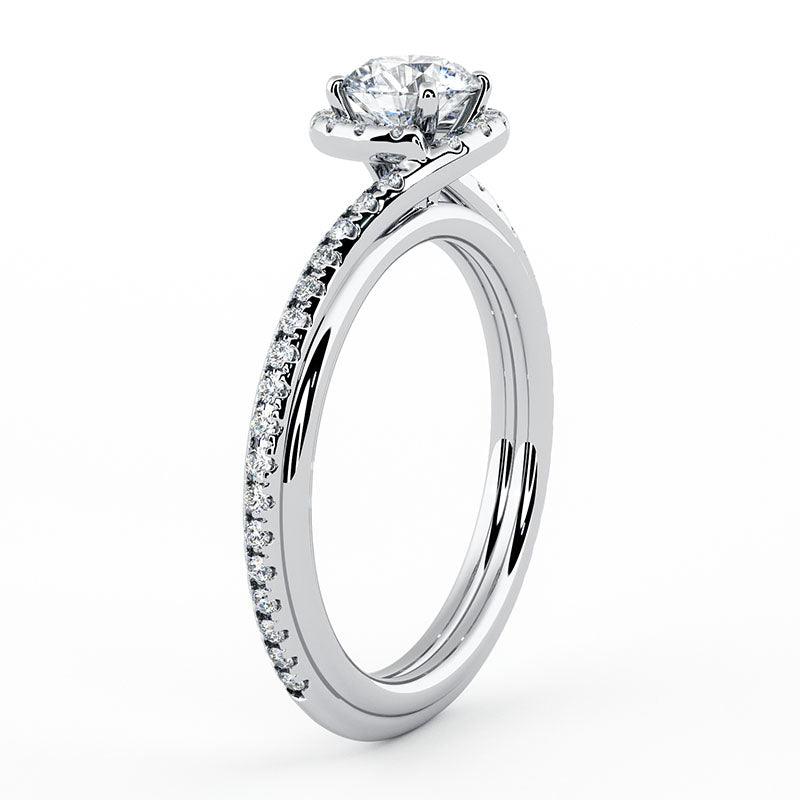 Side view of Gale unique diamond halo engagement ring in all white gold