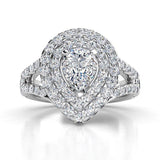Gilana White Gold - Pear cut diamond, double halo ring with diamonds on the side of the halo and diamond on the band. 