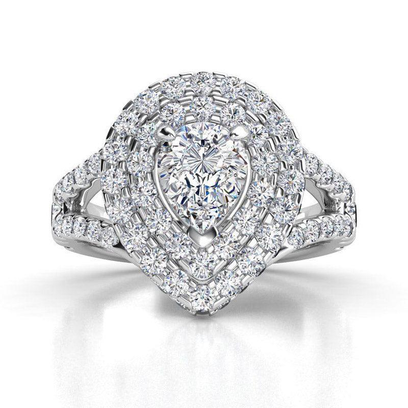Gilana White Gold - Pear cut diamond, double halo ring with diamonds on the side of the halo and diamond on the band. 