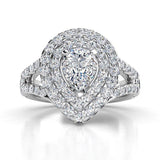 Gilana Pear cut diamond ring in platinum, double halo ring with diamonds on the side of the halo and diamond on the band. 