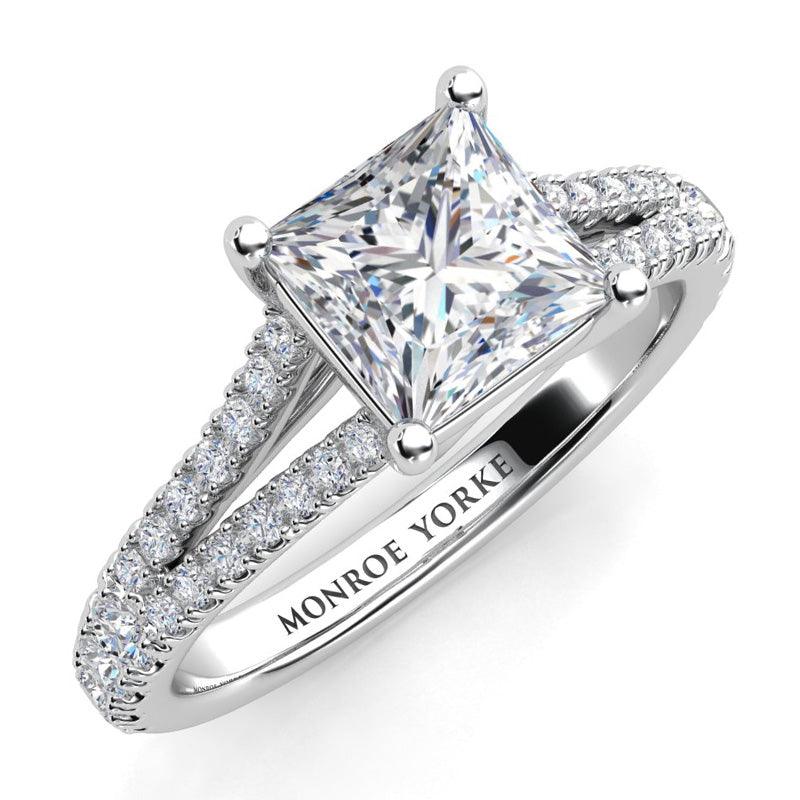 Gemma - GIA certified princess cut split band diamond ring. White gold. Top View