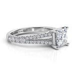 Gemma - GIA certified princess cut diamond ring. White gold. Side View showing the split band