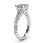 Gemma - Platinum princess cut diamond engagement ring.  Side view 2 showing split band and cross over centre setting