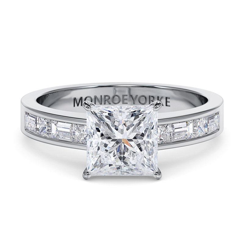 The famous grazia princess cut diamond engagement ring.  Premium GIA certified princess cut diamond. Alternating princess & baguette cut diamonds on the shoulders
