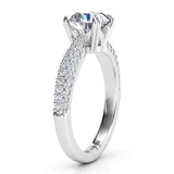 Harper in platinum - Side view 2 showing pave set diamonds in 3 rows on the band and the beautiful centre setting. 