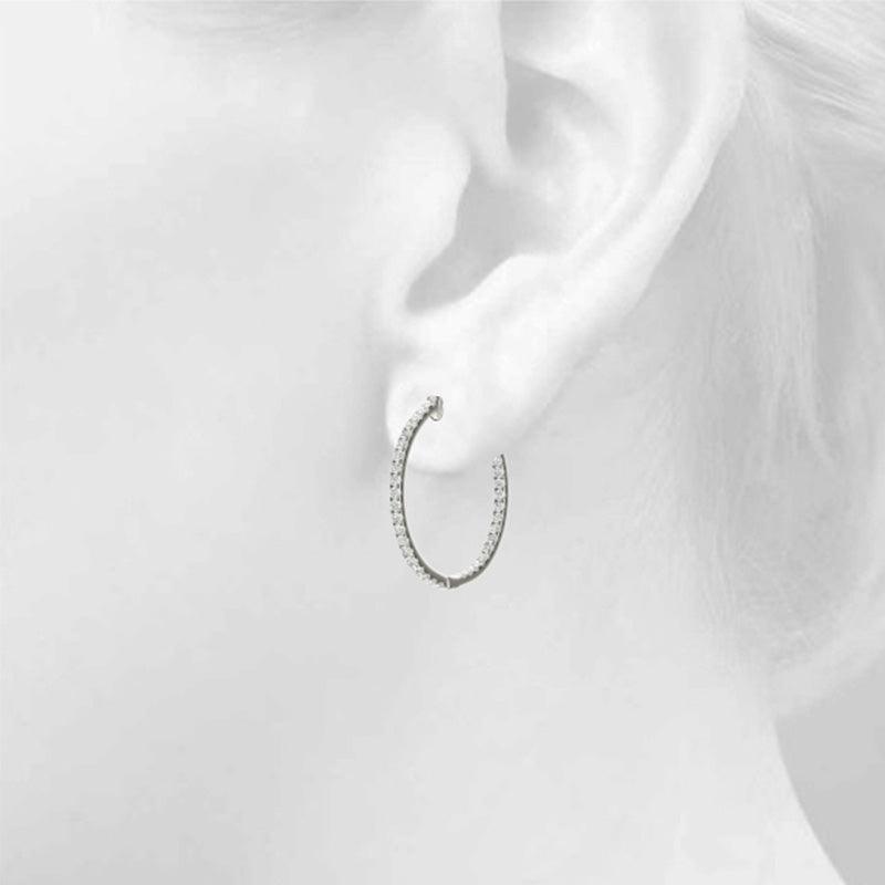 Helen - White Gold or Platinum, Diamond Inside Out Hoop Earrings on Ear