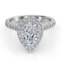 GIA certified pear cut diamond halo engagement ring. Round brilliant cut diamonds on the sweep up band. Front view.  Iris White Gold