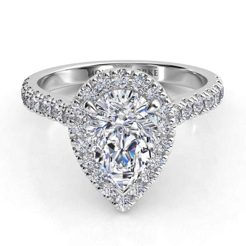 Iris - Platinum GIA certified pear cut diamond halo engagement ring with diamonds on the sweep up band. Centre diamond one V-clw and 2 normal claws. Front View