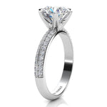 Juliet in platinum.  Side view 2, showing the beautiful 6-calw centre setting and the pave set diamonds on the band.