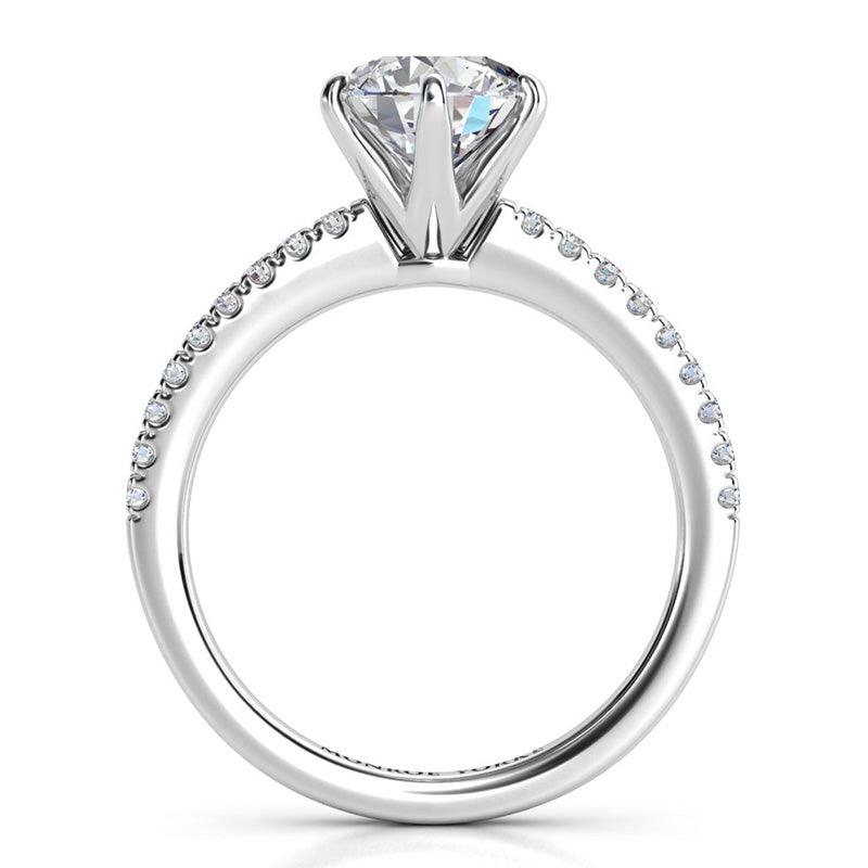 June six claw round brilliant cut diamond engagement ring, side view 2
