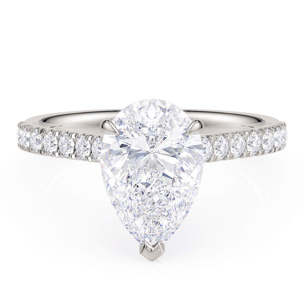 Karly - Pear Cut Diamond Engagement Ring with diamonds on the band. White Gold & Platinum. Top view
