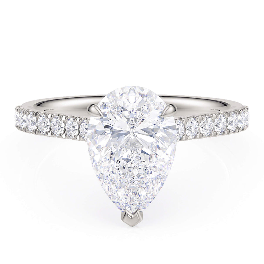 Karly - Pear Cut Diamond Engagement Ring with diamonds on the band. White Gold & Platinum. Top view
