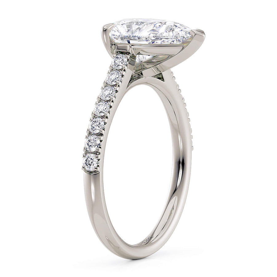 Karly Pear cut diamond engagement ring.  Image showing the elegant centre diamond setting and diamonds on the band. 