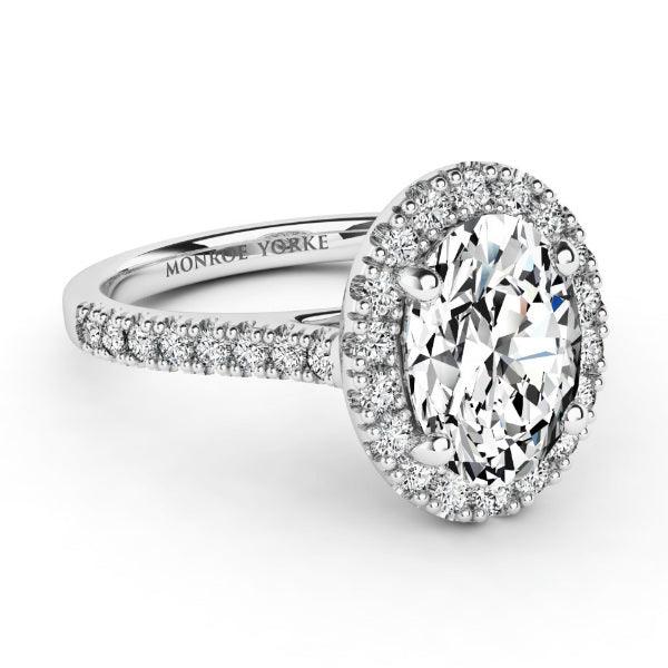 Beautiful Oval Cut Diamond Halo Ring Laurel. White gold or platinum