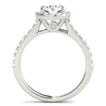 Lana - round diamond halo engagement ring, side view showing diamond highlights under the centre setting. 18ct white gold