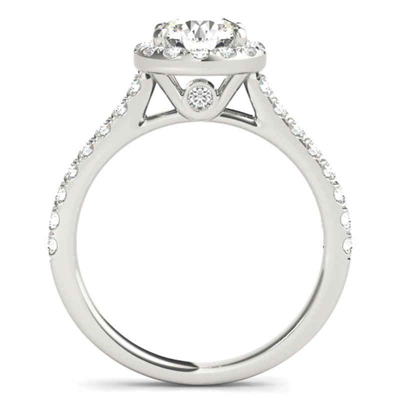 Lana - round diamond halo engagement ring, side view showing diamond highlights under the centre setting. 18ct white gold