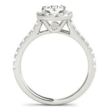 Lana in platinum - round diamond halo engagement ring, side view showing diamond highlights under the centre setting.