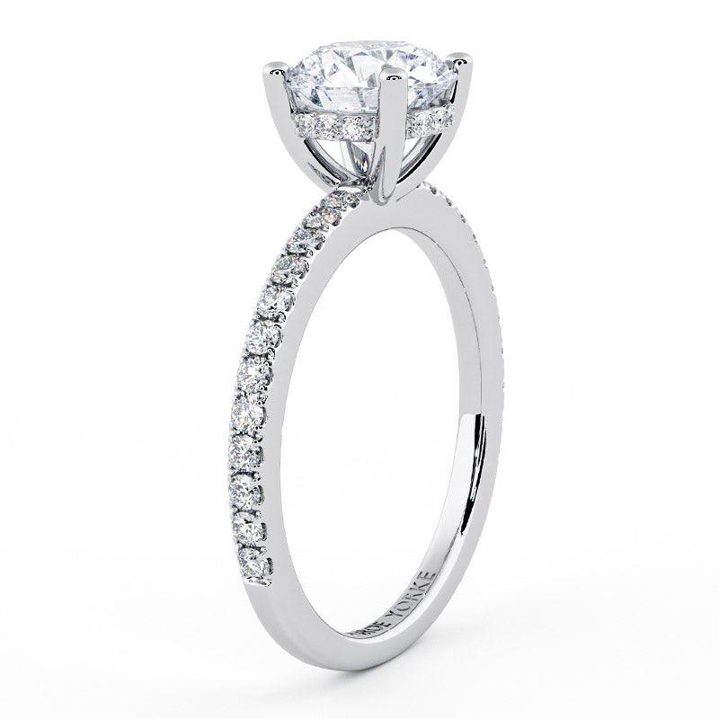 Liliana Engagement Ring - side view showing the hidden halo.  Diamonds on the band.  18ct white gold or platinum