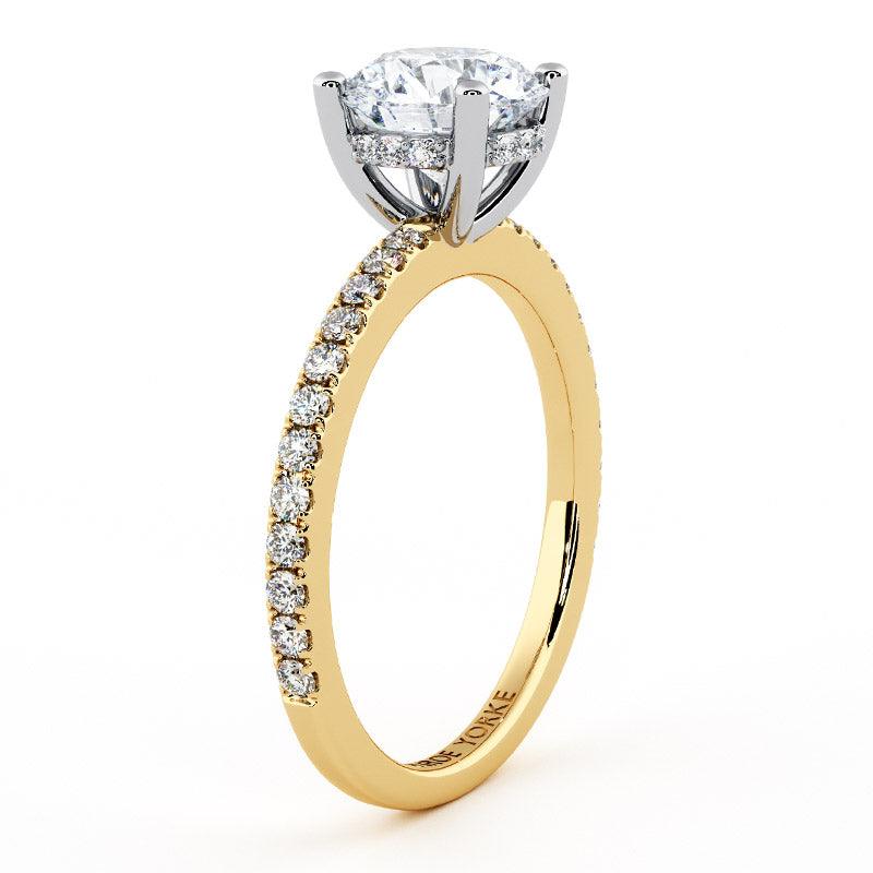 Liliana - side view showing hidden halo.  Gold engagement ring