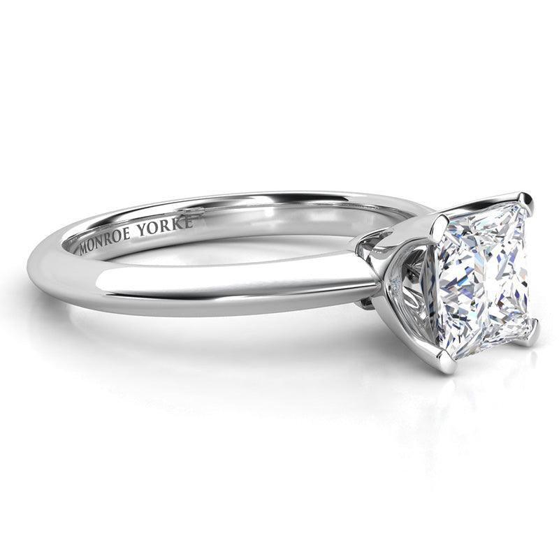 Louisa - 18ct White Gold.  Princess Cut Solitaire Diamond Ring. Side view showing beautifully open centre setting.  