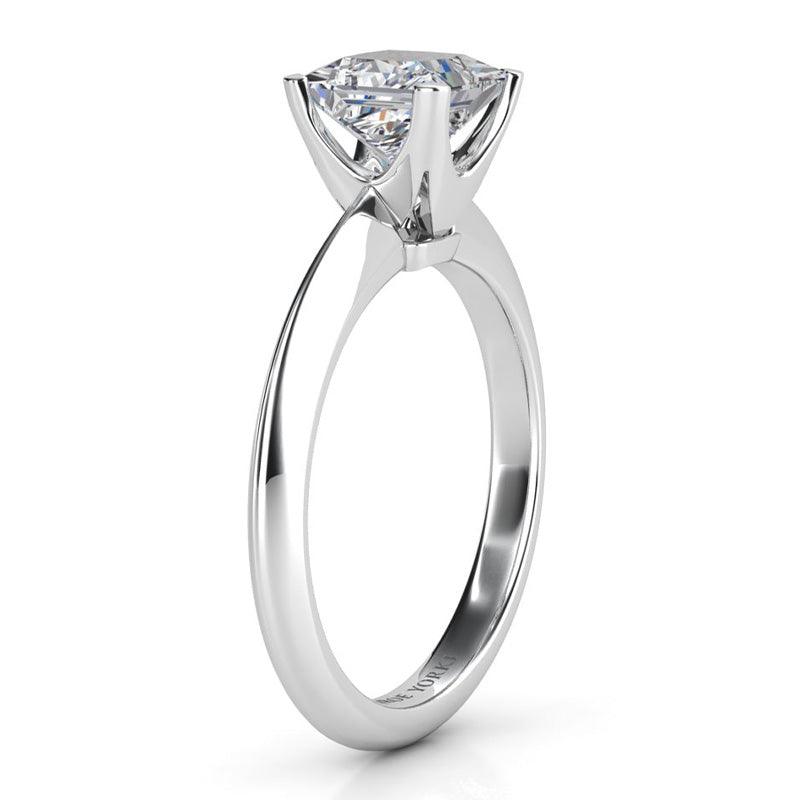 Louisa - 18ct White Gold.  Princess Cut Solitaire Diamond Ring. Side view showing beautifully open centre setting and stunning band. 
