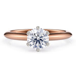 1.00 carat lab created diamond ring in rose gold. 18ct rose gold band with a knife edge.  Centre 6 claw setting with a round lab grown diamond