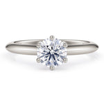 top view of Love one carat solitaire lab grown diamond ring.  6 claw centre setting and knife edge band.  18ct white gold, silver or platinum band