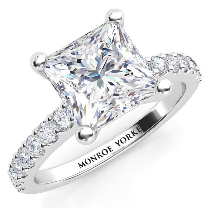 Lutece - Princess Cut Diamond Engagement Ring with Shoulder Diamonds.  White gold  — view 2