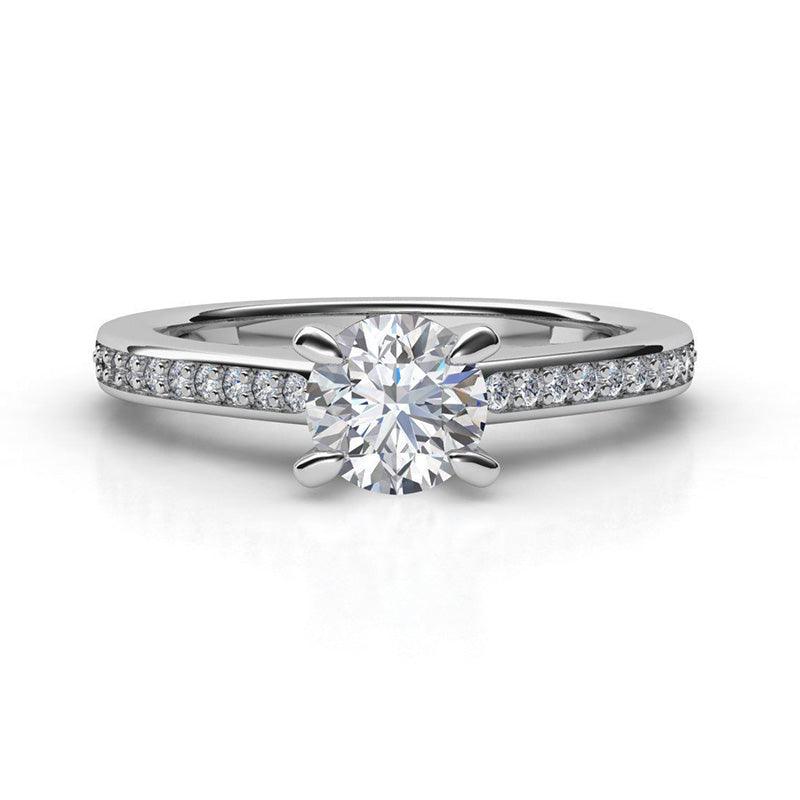 May in platinum - engagement ring with centre round diamond and diamonds on the band. 