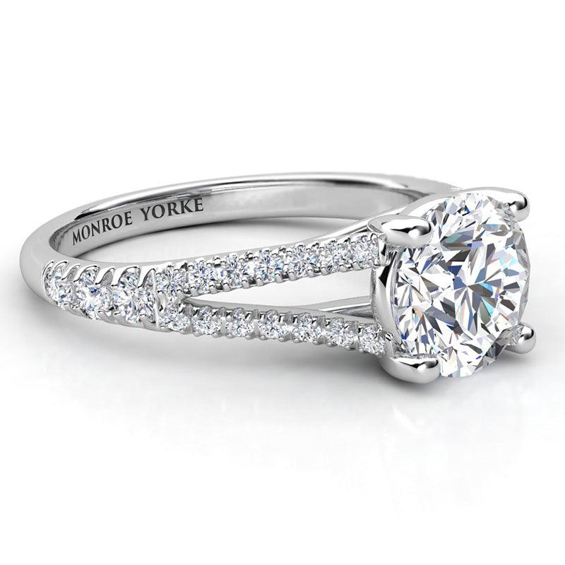 Pave set diamonds on a split band - Round Diamond Engagement Ring - Cora in Platinum 