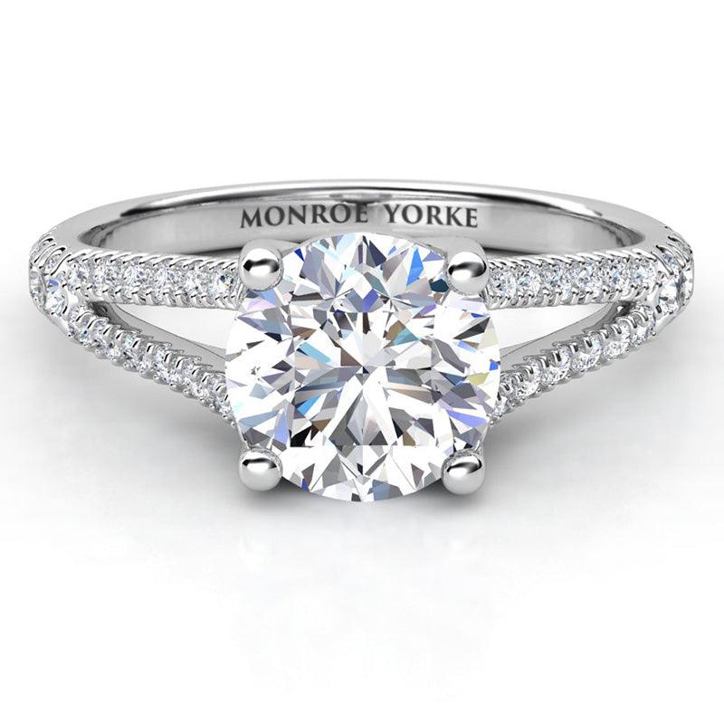 Split band diamond engagement ring with diamond set band. Cora in platinum