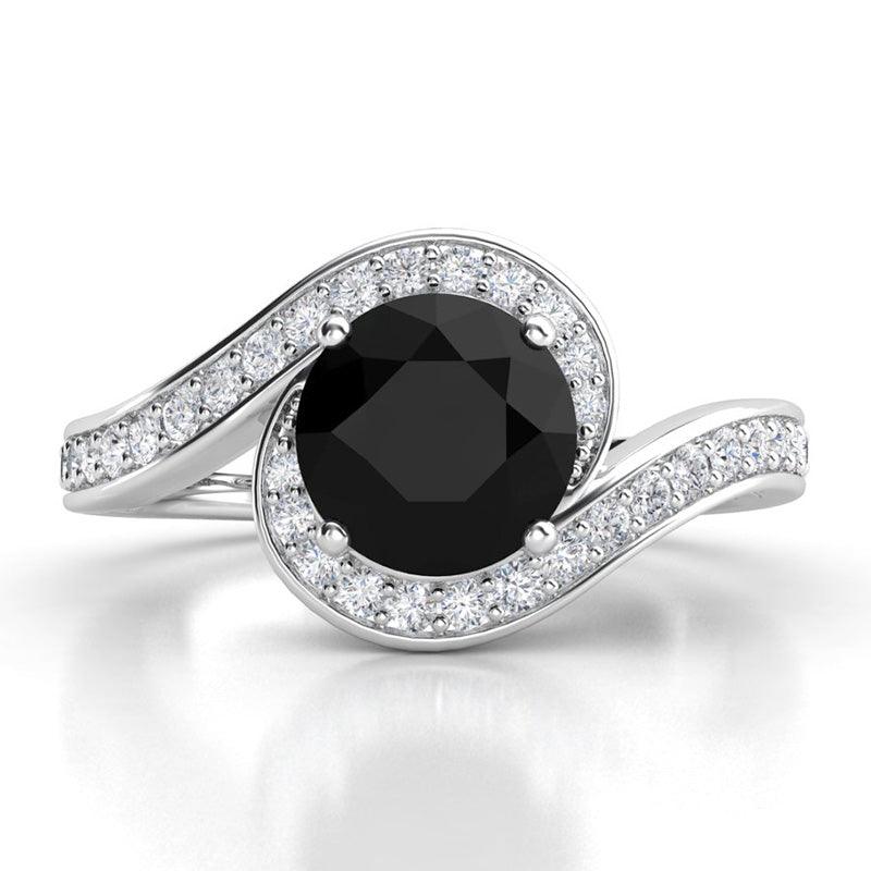 Unique black diamond halo engagement ring in platinum.  White diamond set platinum band wraps the centre black diamond. Miranda 