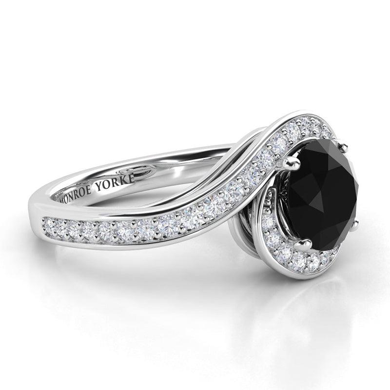 Side view Unique black diamond engagement ring in platinum.  