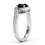 Side view Unique black diamond halo engagement ring in platinum.  